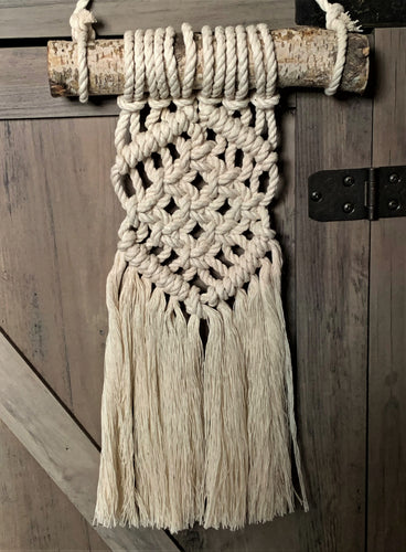 19.5 Inch Small Macrame Wall Hanging with Birch Log