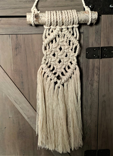 20.5 Inch Small Macramé Wall Hanging with Birch Log