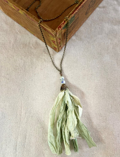 Antique Brass Chain Necklace with Green Silk Tassel and Glass Beads
