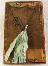 Load image into Gallery viewer, Antique Brass Chain Necklace with Green Silk Tassel and Glass Beads
