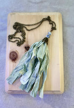Load image into Gallery viewer, Antique Brass Chain Necklace with Green Silk Tassel and Glass Beads
