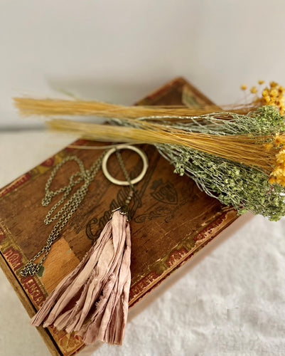 Antique Brass Chain with Brass Ring and Pink Silk Tassel Necklace