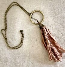 Load image into Gallery viewer, Antique Brass Chain with Brass Ring and Pink Silk Tassel Necklace
