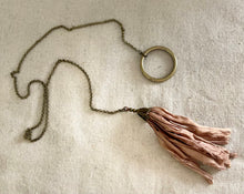 Load image into Gallery viewer, Antique Brass Chain with Brass Ring and Pink Silk Tassel Necklace
