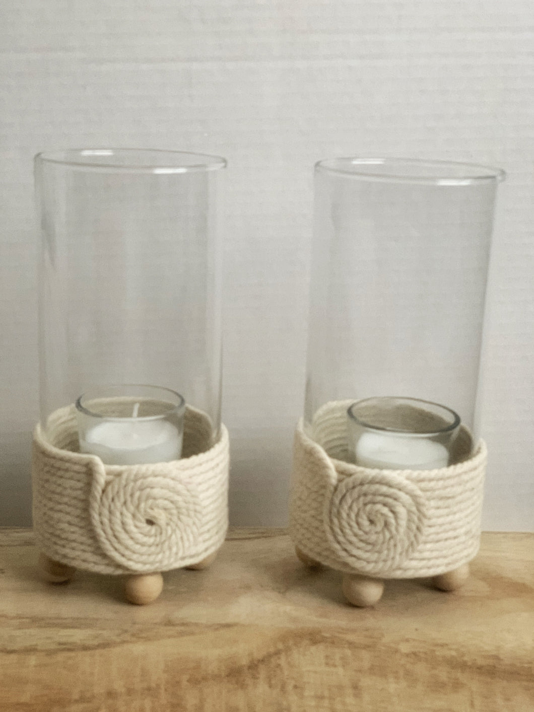 Beige Rope and Glass Candle Holder