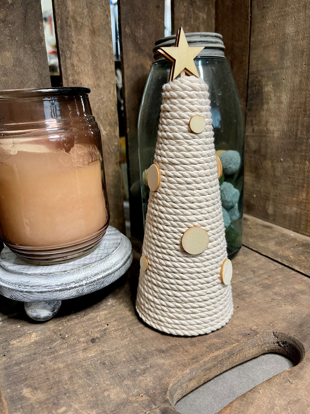 Beige Rope Christmas Tree with Wooden Ornaments 