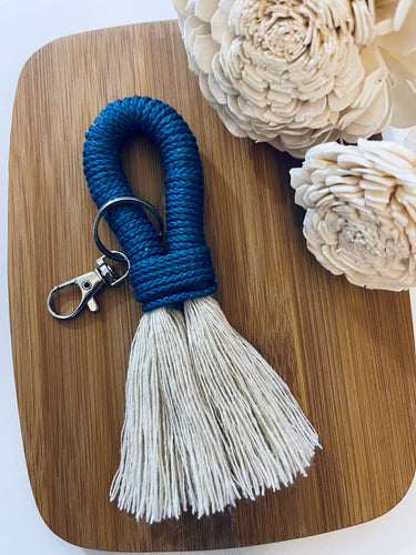 Beige Rope Tassel Keyring with Blue Nylon Embroidery Floss