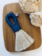 Load image into Gallery viewer, Beige Rope Tassel Keyring with Blue Nylon Embroidery Floss
