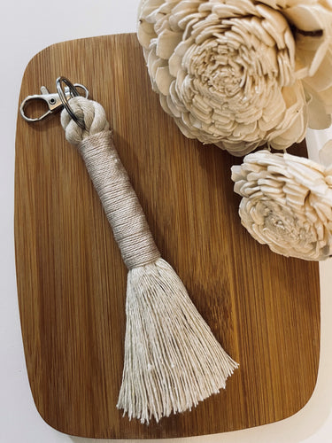 Beige Rope Tassel Keyring with Blush Pink Embroidery Floss