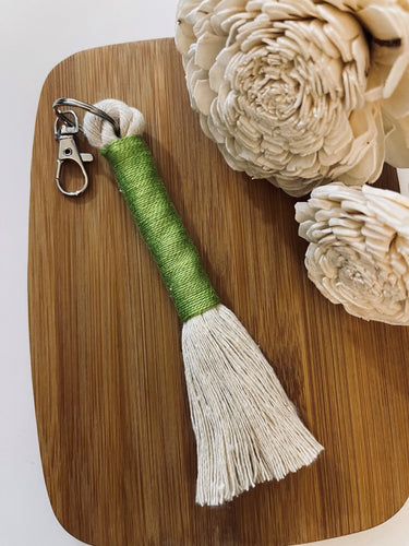 Beige Rope Tassel Keyring with Dark Green Embroidery Floss