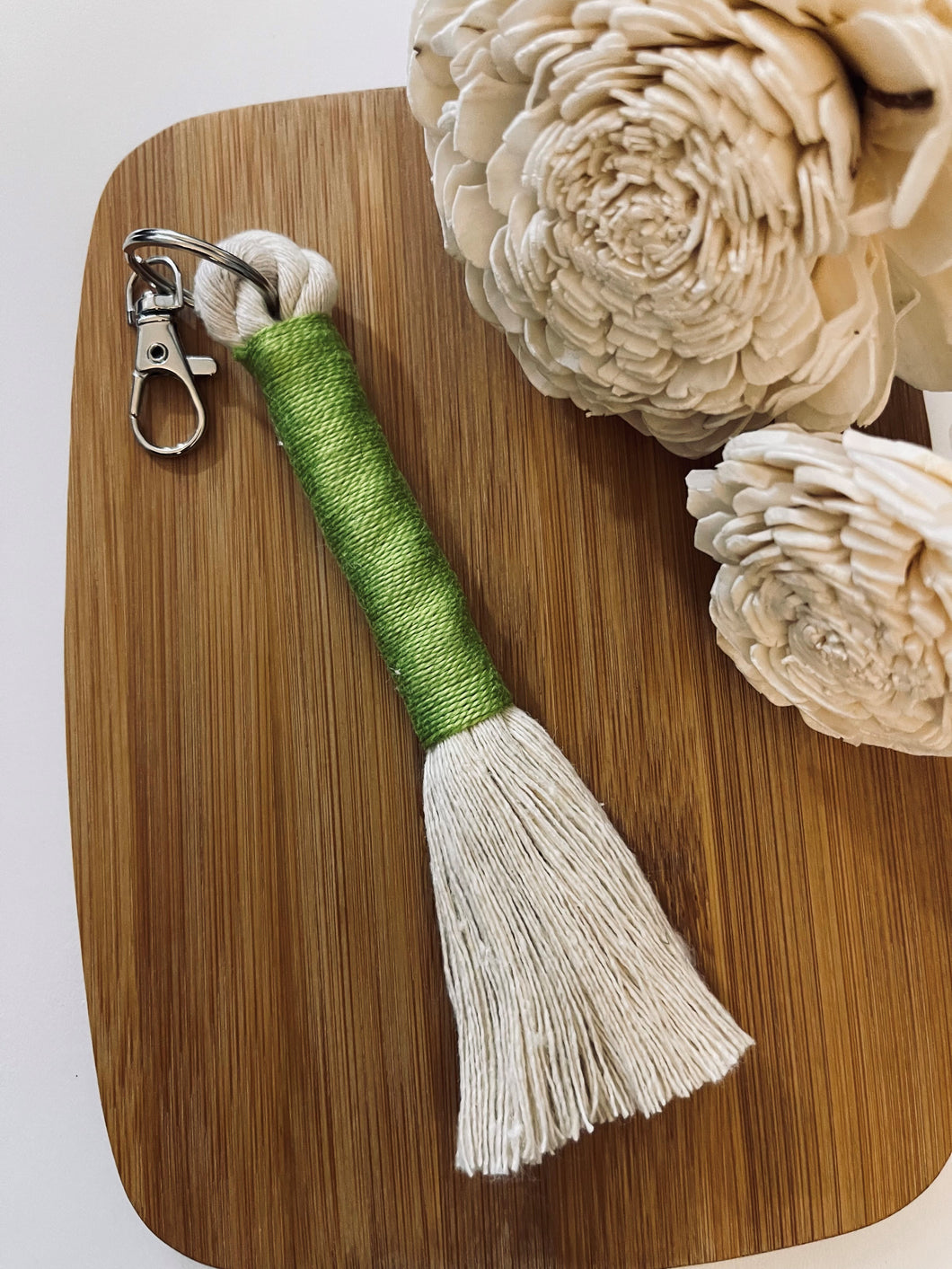 Beige Rope Tassel Keyring with Dark Green Embroidery Floss