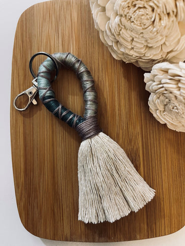 Beige Rope Tassel Keyring with Mauve and Green Embroidery Floss