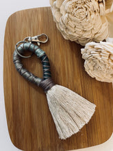 Load image into Gallery viewer, Beige Rope Tassel Keyring with Mauve and Green Embroidery Floss
