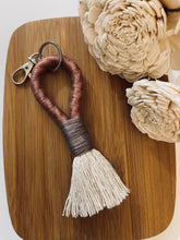 Load image into Gallery viewer, Beige Rope Tassel Keyring with Mauve and Purple Embroidery Floss
