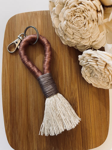 Beige Rope Tassel Keyring with Mauve and Purple Embroidery Floss