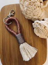Load image into Gallery viewer, Beige Rope Tassel Keyring with Mauve and Purple Embroidery Floss

