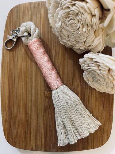 Beige Rope Tassel Keyring with Pink Embroidery Floss