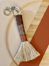 Load image into Gallery viewer, Beige Rope Tassel Keyring with Purple Rainbow Embroidery Floss

