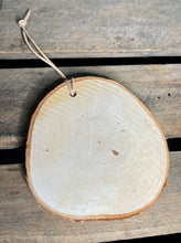 Load image into Gallery viewer, Hand painted mountain scene on birch wood slice with leather loop
