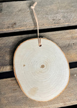 Load image into Gallery viewer, Hand painted mountain scene on birch wood slice with leather loop
