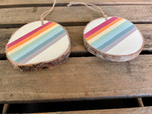 Load image into Gallery viewer, Hand painted rainbow scene on birch wood slice with leather loop
