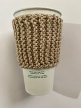 Load image into Gallery viewer, Hand knitted brown and burgundy coffee koozie with wood toggle button for decoration.
