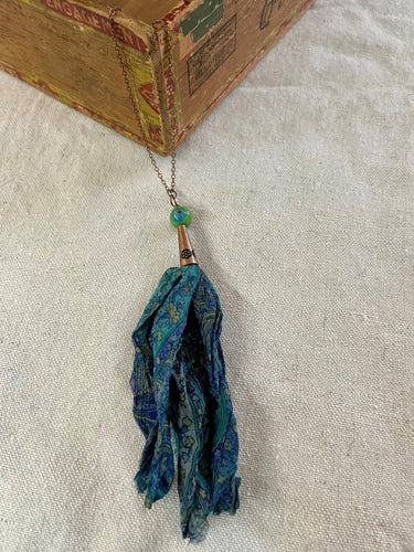 Copper Chain Necklace with Blue Paisley Silk Tassel