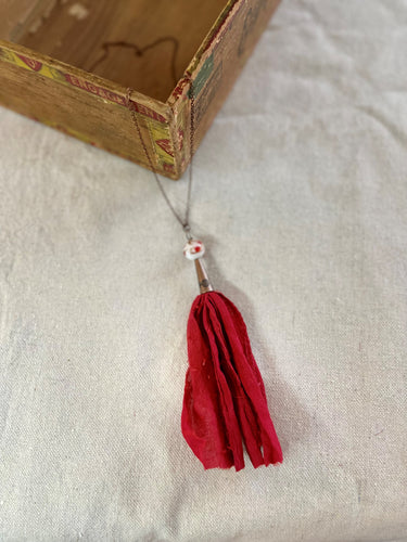 Copper Chain Necklace with Red Silk Tassel and Glass Beads