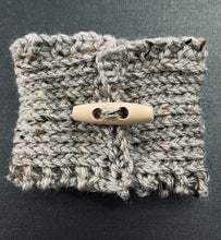 Load image into Gallery viewer, Hand knitted gray coffee koozie with wood toggle button for decoration.
