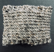 Load image into Gallery viewer, Hand knitted gray coffee koozie with wood toggle button for decoration.
