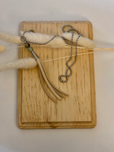 Load image into Gallery viewer, Purple and blue stoneware ceramic bead and tassel necklace
