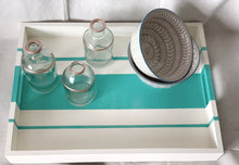 Load image into Gallery viewer, Beige hand painted wooden serving tray with turquoise stripes.
