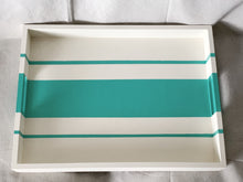 Load image into Gallery viewer, Beige hand painted wooden serving tray with turquoise stripes.

