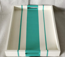 Load image into Gallery viewer, Beige hand painted wooden serving tray with turquoise stripes.
