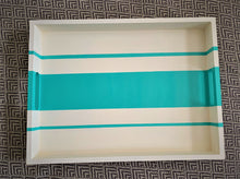 Load image into Gallery viewer, Beige hand painted wooden serving tray with turquoise stripes.
