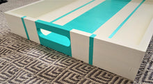 Load image into Gallery viewer, Beige hand painted wooden serving tray with turquoise stripes.
