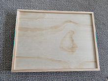 Load image into Gallery viewer, Beige hand painted wooden serving tray with turquoise stripes.
