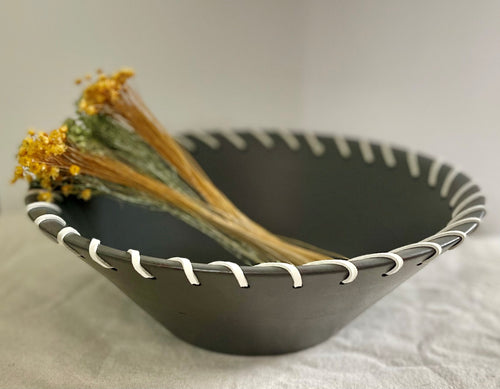 Large Gray Painted Wooden Bowl with Faux Leather Cording