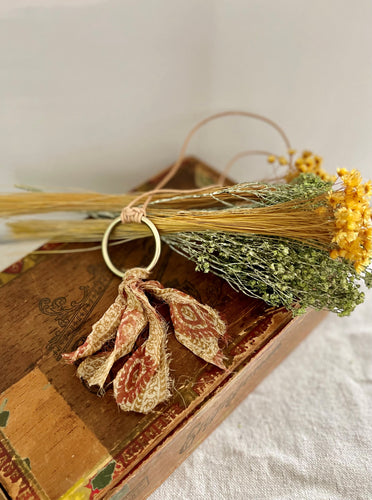 Leather Cord with Brass Ring and Brown Paisley Silk Tassel Necklace