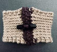 Load image into Gallery viewer, Hand knitted light brown with burgundy stripe and wood toggle button for decoration.
