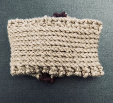 Load image into Gallery viewer, Hand knitted light brown with burgundy stripe and wood toggle button for decoration.

