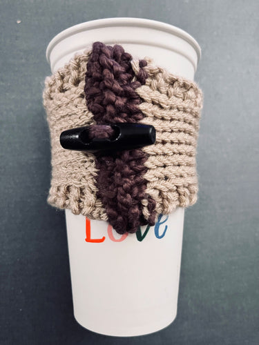 Hand knitted light brown with burgundy stripe and wood toggle button for decoration.