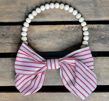 Load image into Gallery viewer, Natural Wood Bead Wreath with Read and White Stripe Bow
