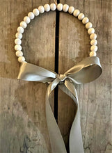 Load image into Gallery viewer, Natural Wood Bead Wreath with Silk Brown Ribbon
