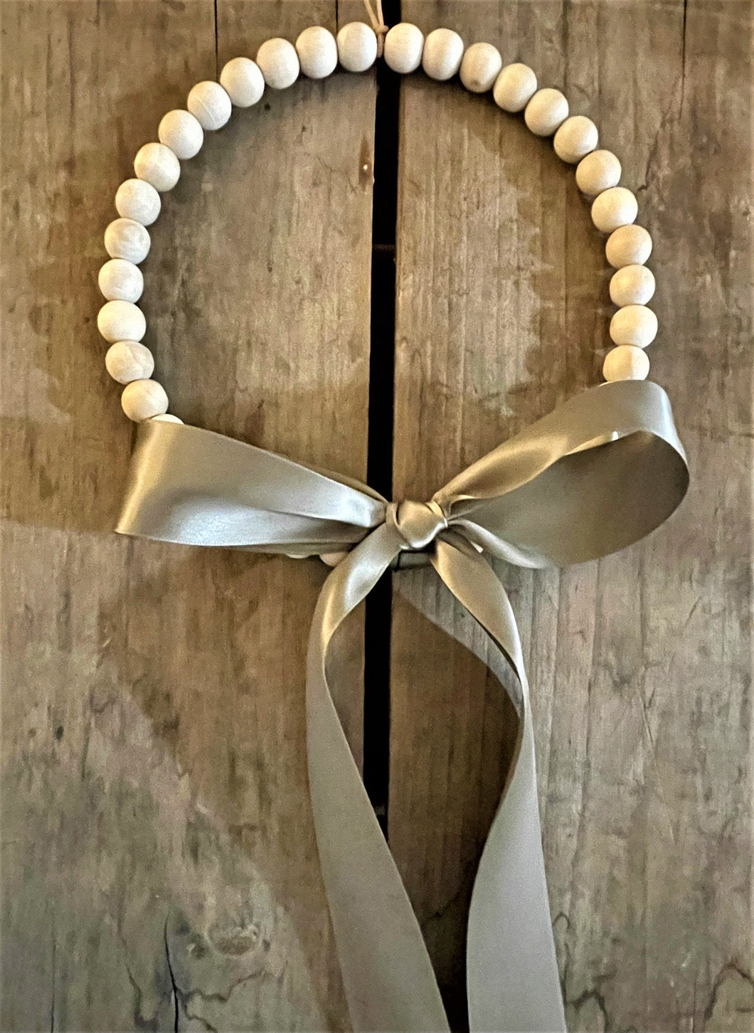 Natural Wood Bead Wreath with Silk Brown Ribbon