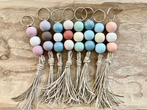Pastel painted wooden beaded hemp tassel keyring