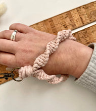 Load image into Gallery viewer, Pink Macramé Twisted Keychain Bracelet with Brass Clip

