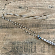Load image into Gallery viewer, Purple and blue stoneware ceramic bead and tassel necklace
