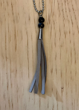 Load image into Gallery viewer, Purple and blue stoneware ceramic bead and tassel necklace
