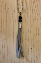 Load image into Gallery viewer, Purple and blue stoneware ceramic bead and tassel necklace
